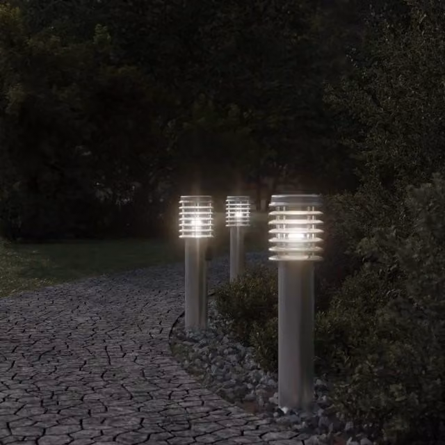 Berkfield Home Set of 3 Silver Stainless Steel Outdoor Floor Lamps with Outlet, Height: 60 cm