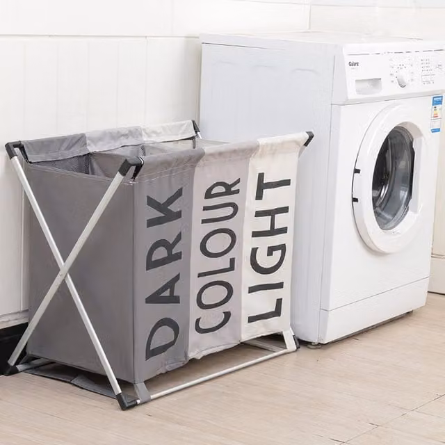 Livingandhome Collapsible 3-Section Fabric Laundry Hamper Organiser in Grey and White