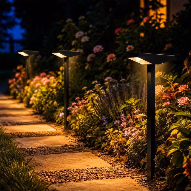 INMTFEI 4 Pack Solar LED Pathway Lights in Black with Dusk Sensor and IP45 Waterproof Rating
