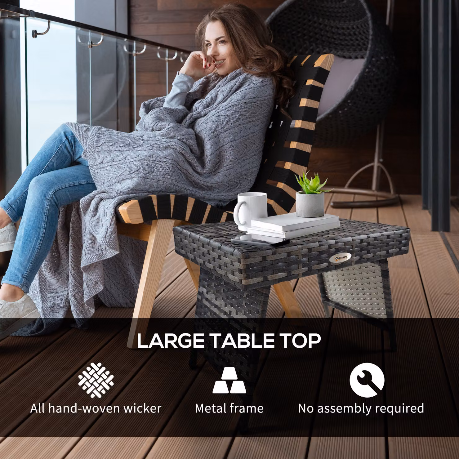 Outsunny Rattan Coffee Table with Foldable Metal Frame in Mixed Grey – 5