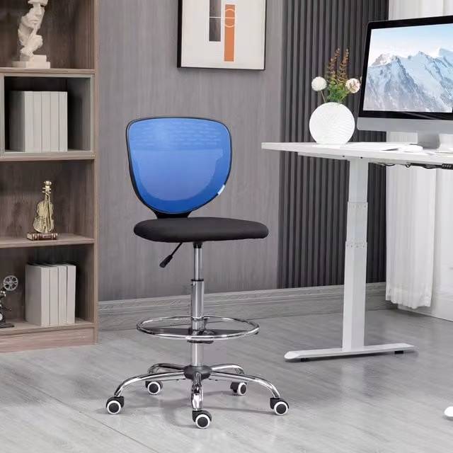 HOMCOM Vinsetto Modern Swivel Drafting Chair with Foot Ring and Castors, Blue and Black