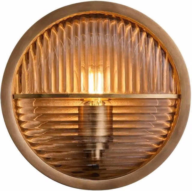 Industville Bulkhead Round Wall Light in Brass and Transparent Glass for Outdoor and Bathroom Use – 1