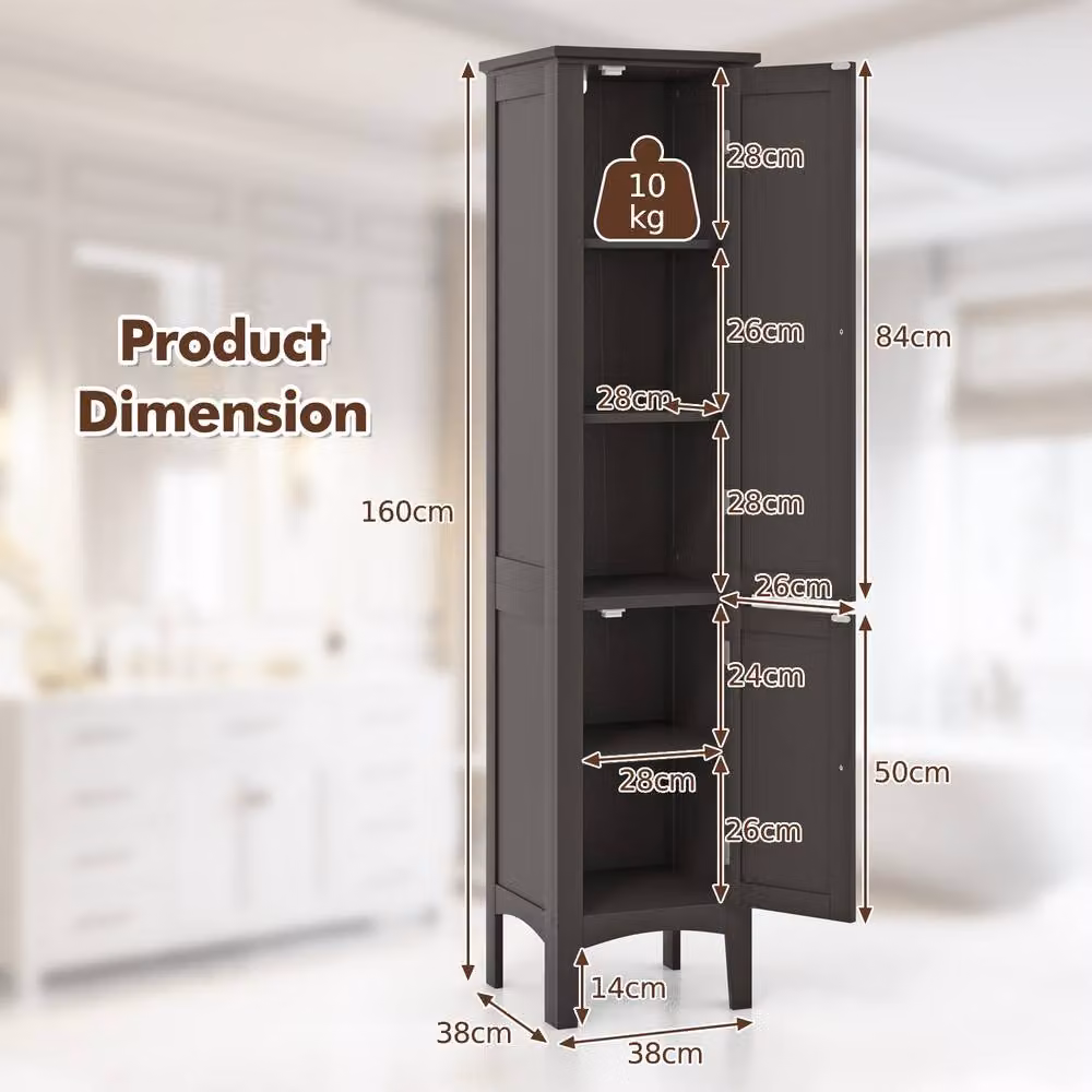 Costway 5-Tier Narrow Wooden Bathroom Storage Cabinet with 2 Shelves and Hinged Doors in Brown – 2