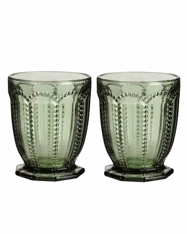 Dibor Set of 2 Green Embossed Geometric Glass Whiskey Tumblers, 290ml per glass – 2