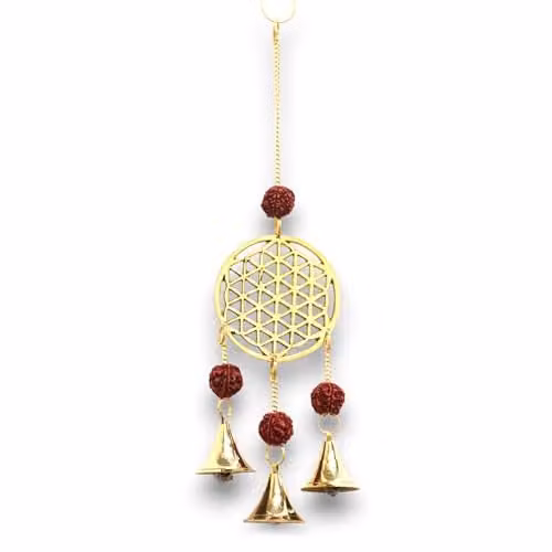 Indian Chimes Gold Brass Flower of Life Wind Chime with Rudraksha Beads and 3 Bells