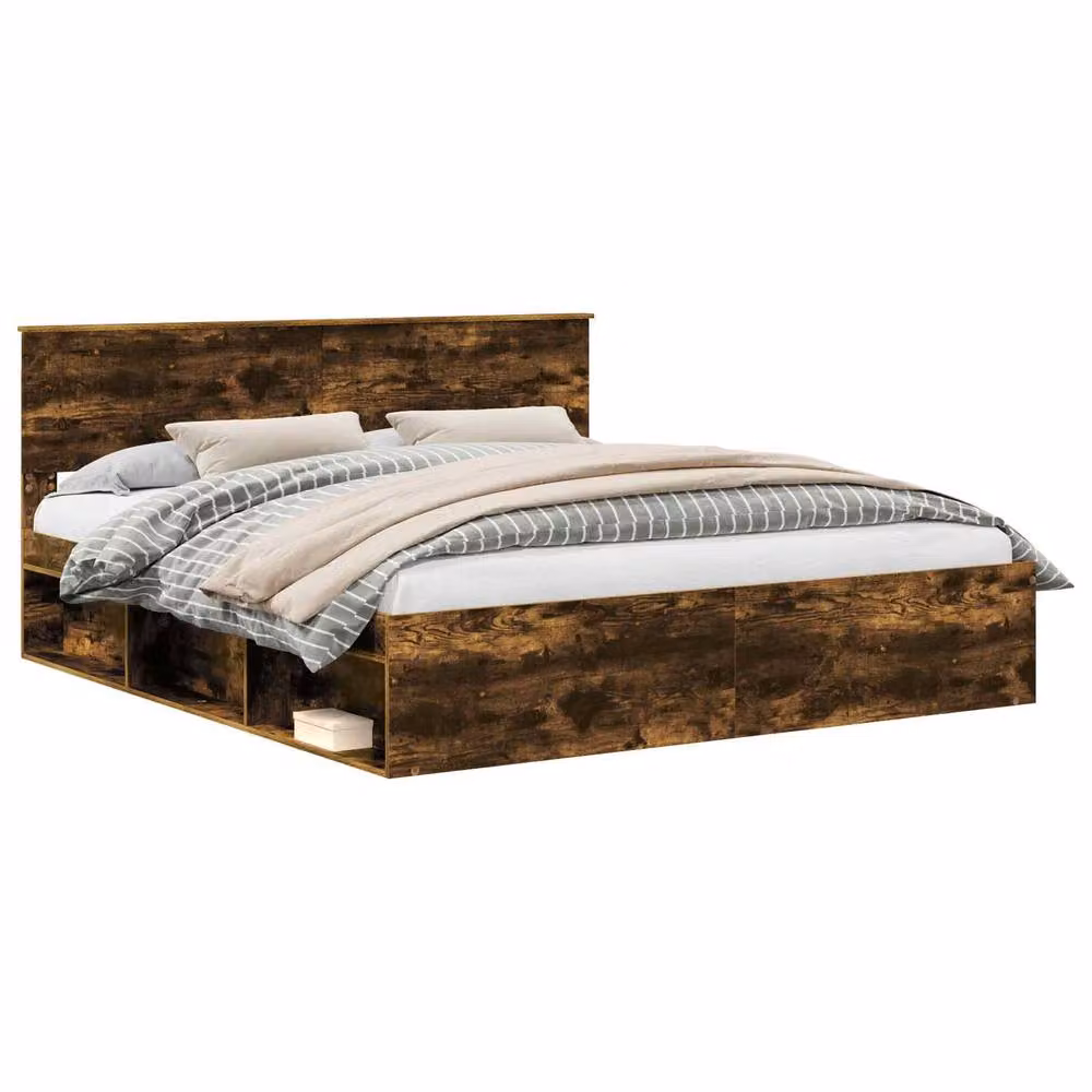 Berkfield Home Smoked Oak Bed Frame in Brown, Solid Pine and Engineered Wood, W/D/H: 180 x 200 cm – 2