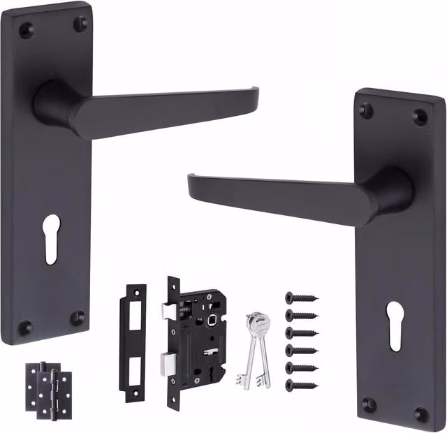 Golden Grace Matt Black Door Handles with 3 Lever Lock Hinge Set