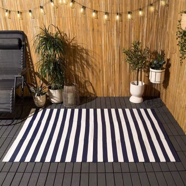 OHS Blue Striped Maritime Non-Slip Rectangular Outdoor Rug for Garden and Terrace
