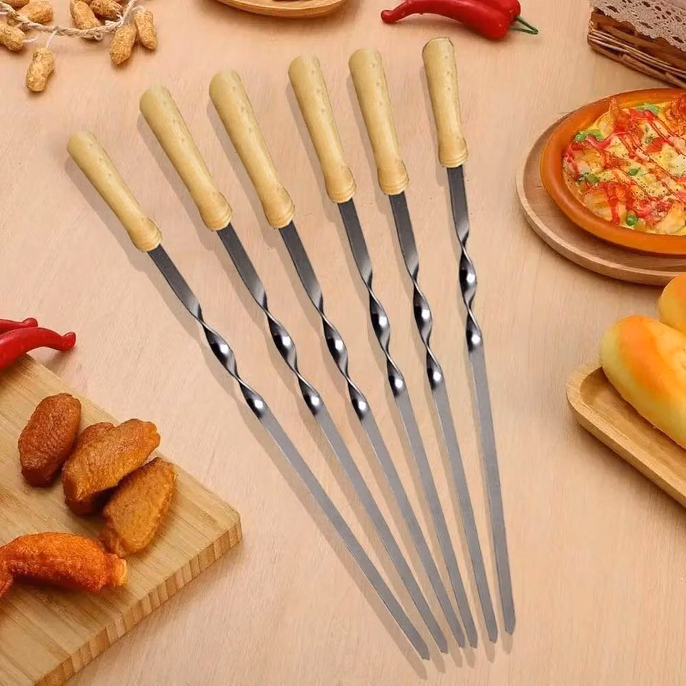 FLAVORA 12-Piece Steel BBQ Kebab Skewers with Wooden Handles in Metallic Silver – 2