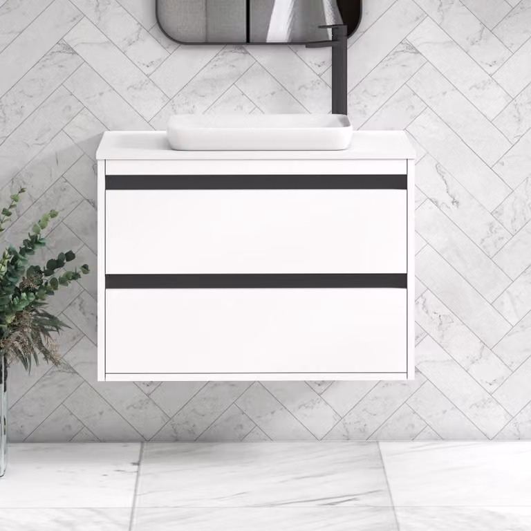Royal Bathrooms Orion 800mm Matt White Wall Hung 2 Drawer Vanity Unit with Qubix Basin and Black Accent Trim