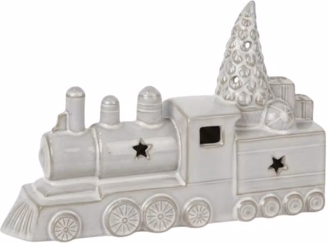 Four Candle Glazed Ceramic Train Christmas Ornament with LED in White