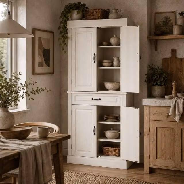 Wyld Haus Tokeri Tall Kitchen Pantry Cabinet in White with 4 Doors and 1 Drawer, H 180 x W 80 x D 35 cm