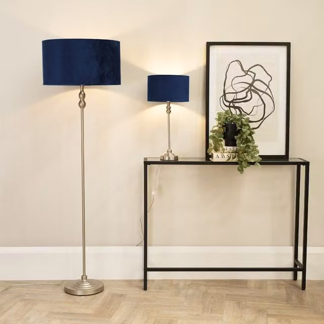 ValueLights Maggie Brushed Chrome Candlestick Floor Lamp with Navy Velvet Shade and LED Bulb