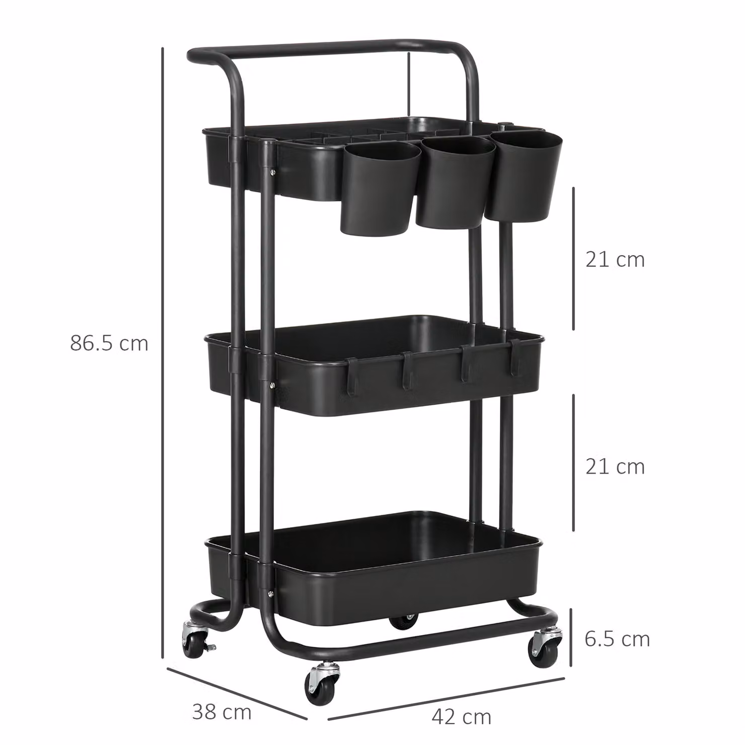 HOMCOM 3 Tier Utility Rolling Kitchen Cart with Removable Mesh Baskets and Hooks, Black – 3