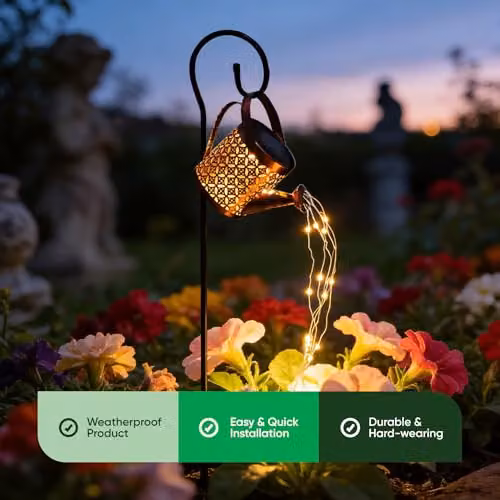 Gardenwize Solar Watering Can Stake Light with Warm White Cascading LED String Lights in Black – 4