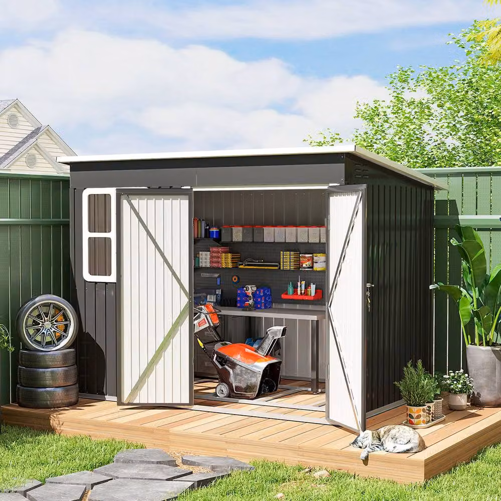 Rolipo Galvanised Steel Pent Shed with Foundation Kit and Window, Dark Grey, W/D/H: 260 x 190 x 177 cm – 4