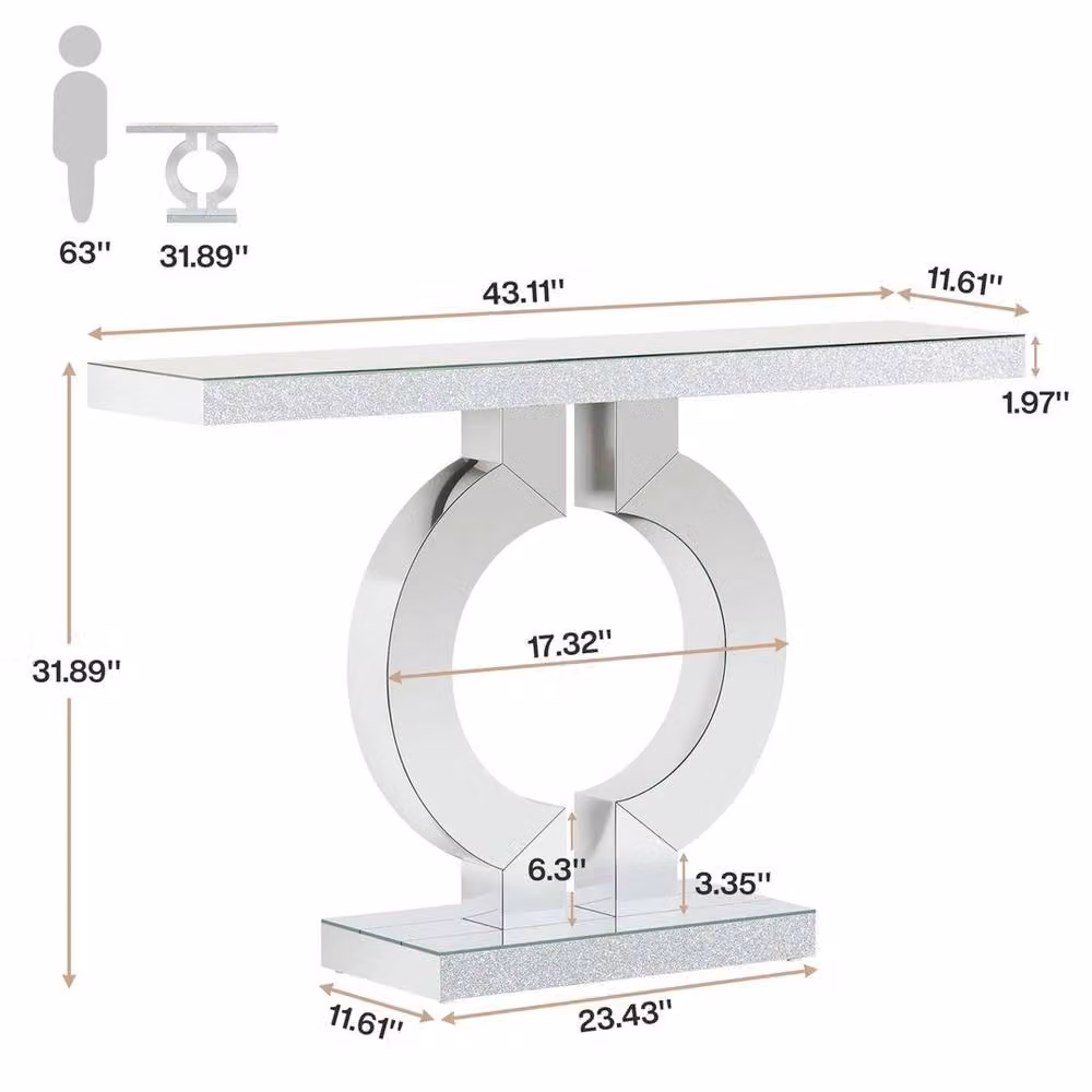 PAWNORA Modern Silver Mirrored Glass Console Table with Geometric Base, Width: 110 cm – 2