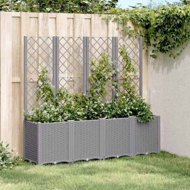 Berkfield Home Garden Planter with Trellis in Light Grey, W/D/H: 160 x 40 x 140 cm