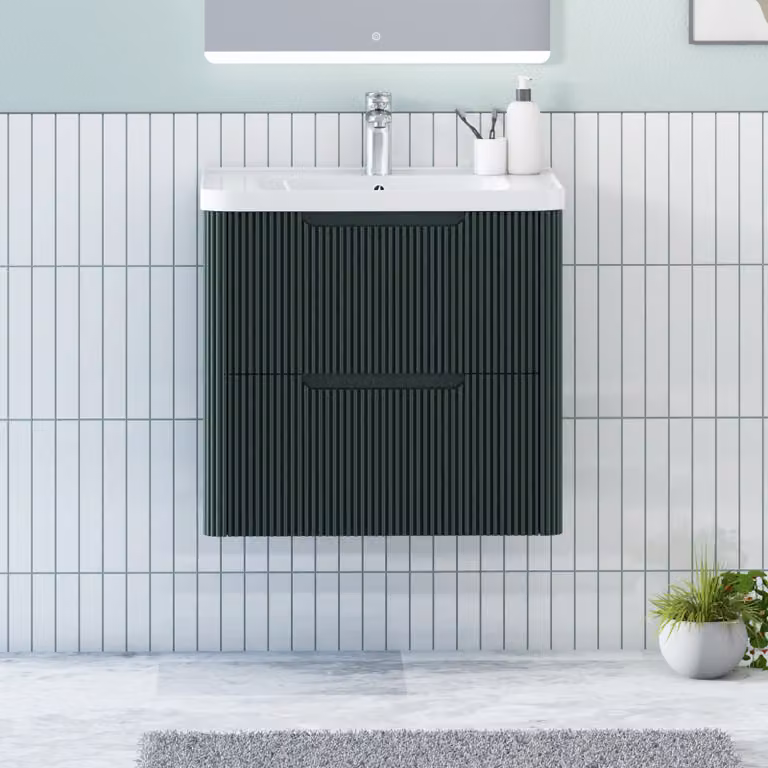 Royal Bathrooms Avenza Wall Hung Vanity Unit with 2 Drawers and Ceramic Basin, Moss Green, Depth: 60 cm