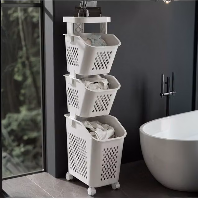 Living and Home 4-Tier Laundry Hamper Storage Rack with Casters in Grey – 1