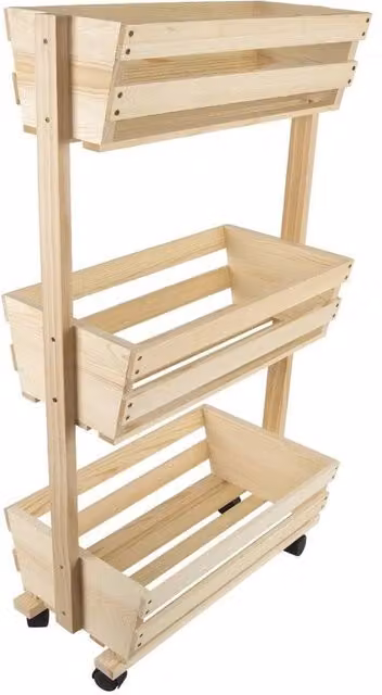 VOGREX 3-Tier Wheeled Wooden Veggie Basket Trolley Kitchen Storage Cart in Beige