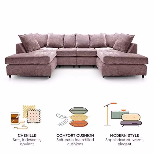 Abakus Direct Harriet U-Shaped Sofa in Pink Crushed Chenille with Matching Ottoman and Scatter Cushions – 5