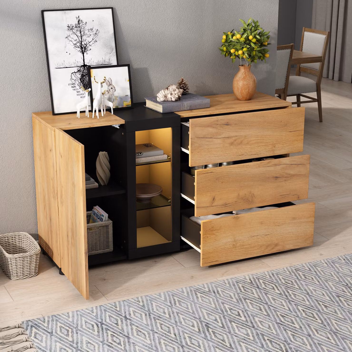 Aosom UK Modern Versatile Storage Cabinet with 3 Drawers, Smart LED Lighting and Adjustable Glass Shelves, Black and Brown, W: 140 cm, D: 40 cm, H: 80 cm – 6