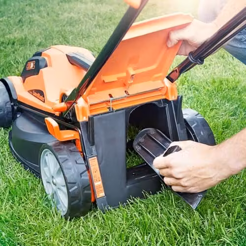 LawnMaster MX 24V 34cm Cordless Lawnmower in Orange with Rechargeable Battery, Fast Charger, Mulching Kit and Collection Bag – 4