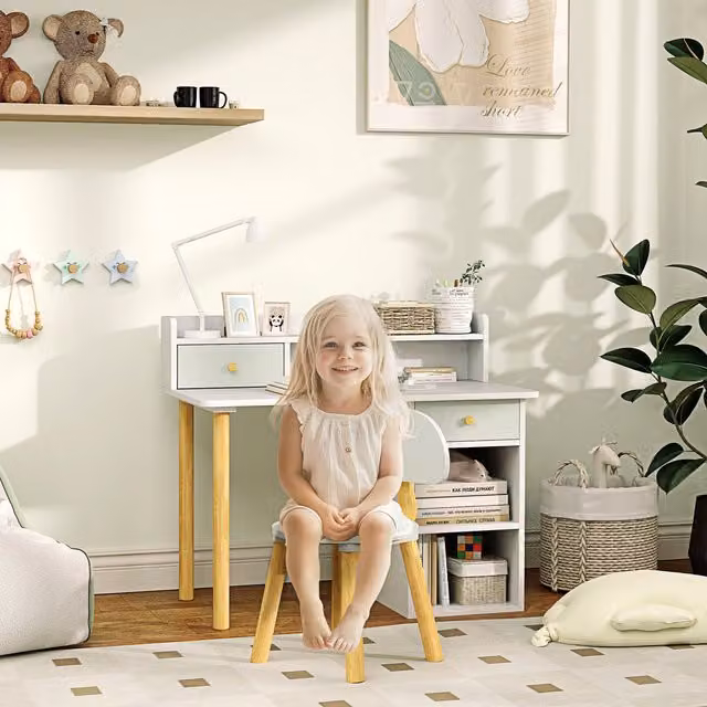 AIYAPLAY Kids Desk and Chair Set with Storage Drawer in Green