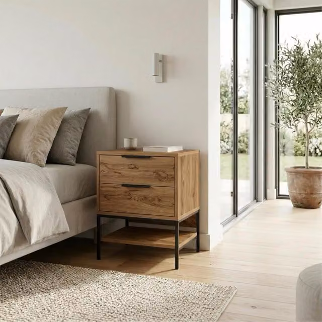 Decortie Mars Two Drawer Bedside Table in Brown Oak, W: 58 cm, D: 35 cm, H: 45 cm
