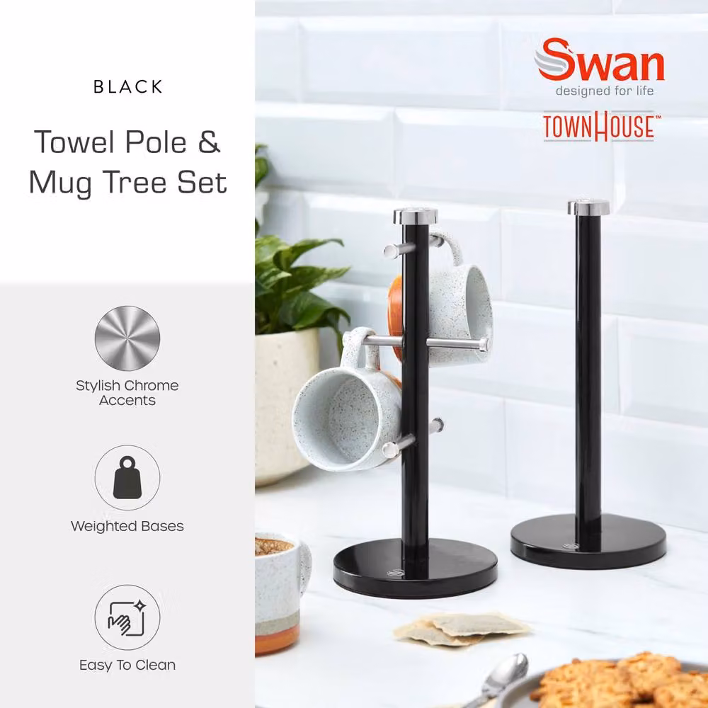 Swan Black Metal Freestanding Towel Pole and Mug Tree Set with Weighted Base H: 34.0 cm, W: 15.0 cm, D: 6.0 cm – 2