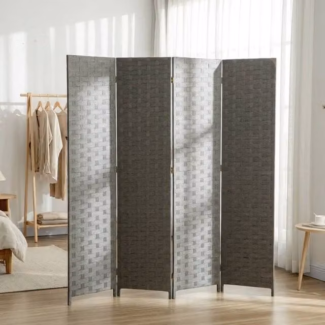 STILVORA 4-Panel Wood and Rattan Folding Room Divider Privacy Screen in Grey