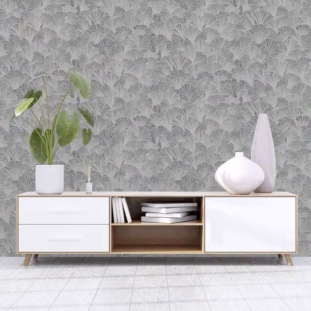 Arthouse Ginkgo Grey and Silver Botanical Leaf Wallpaper with Abstract Floral Line Art Style