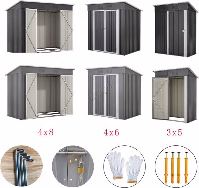 BIRCHTREE Green Metal Pent Garden Shed with Double Doors and Foundation