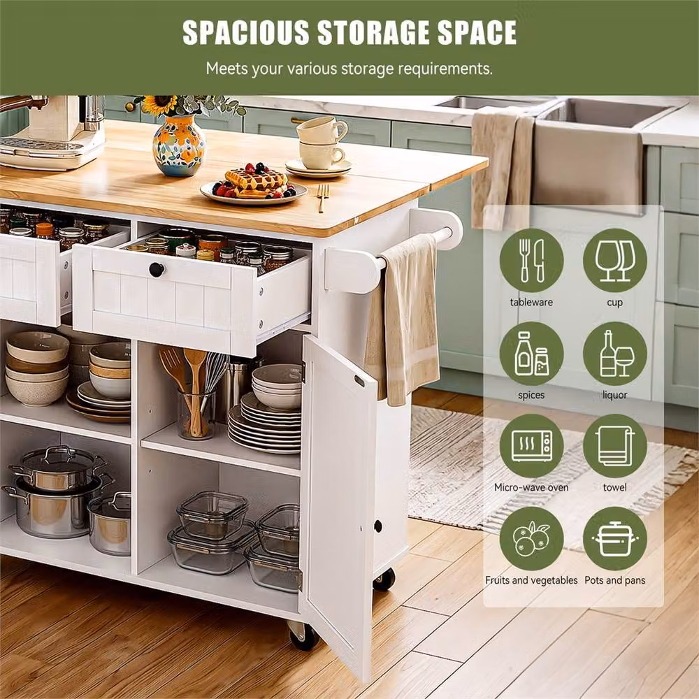 NESTLUNE B White Kitchen Island Rolling Storage Trolley with Rubberwood and Glass – 3