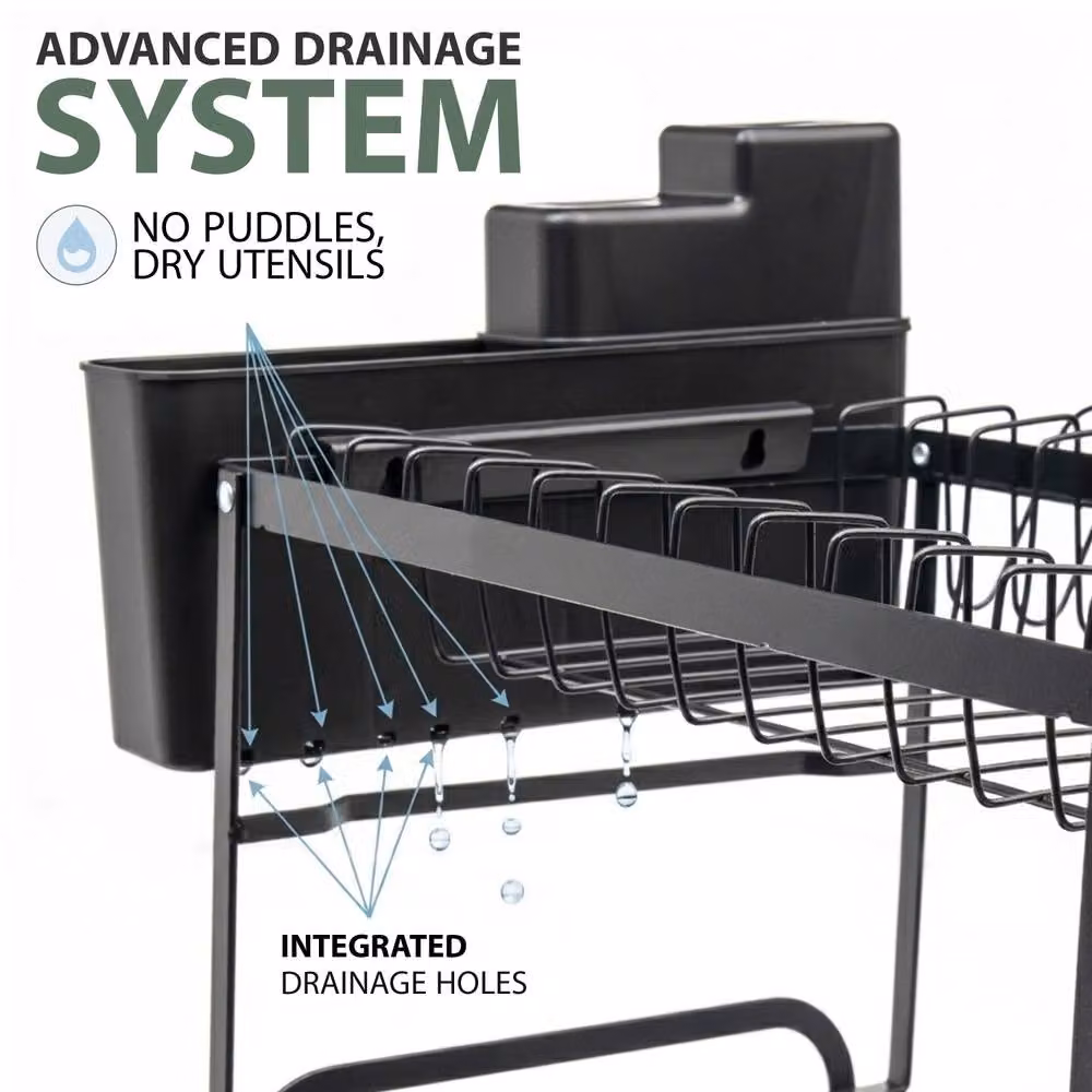 Crystals 2 Tier Metal Dish Drying Rack with Drip Tray and Utensil Holder in Black – 6