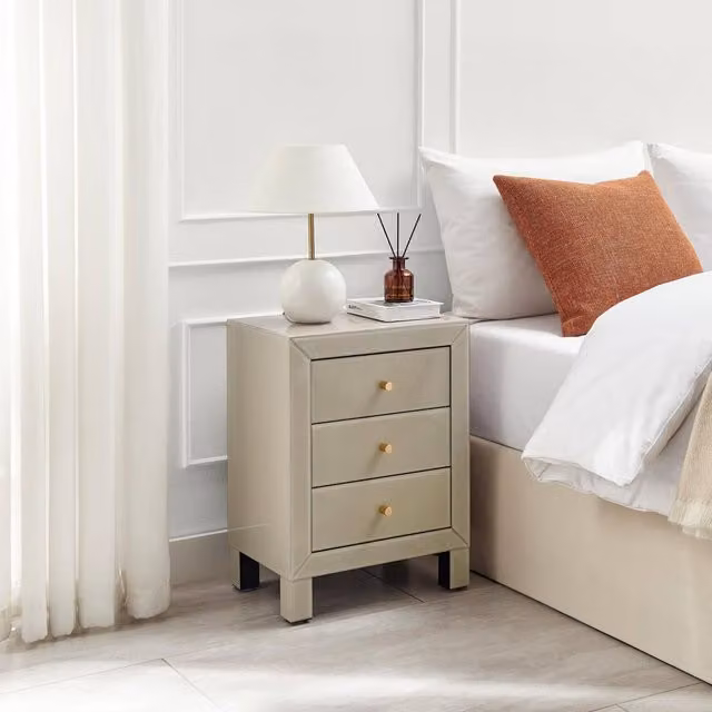 FurnitureboxUK Lexi Large Slimline 3 Drawer Mirrored Bedside Table in Beige