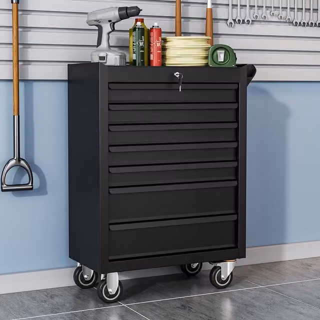 Livingandhome 7 Drawer Lockable Steel Tool Storage Cabinet Trolley in Black
