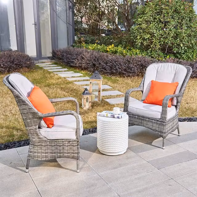 Abrihome Set of 2 Grey Aluminium Wicker Armchairs and Coffee Table