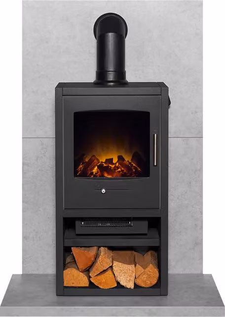 Acantha Fires & Fireplaces Bergen XL Electric Stove and Tile & Hearth Set in Grey Concrete Effect with Angled Pipe