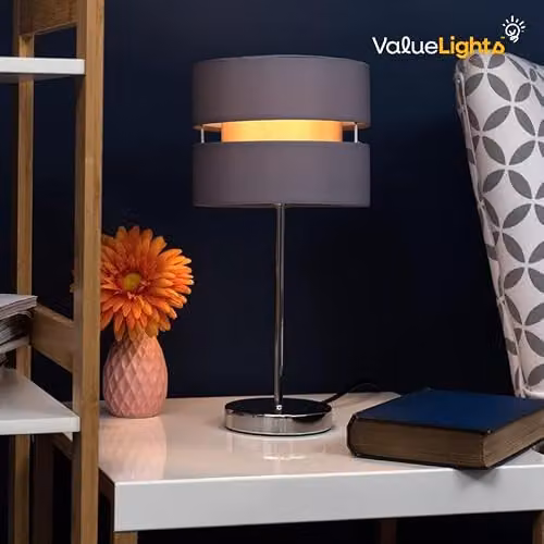 ValueLights Pinto Modern Silver Chrome Table Lamp with Grey Fabric Shade – 3