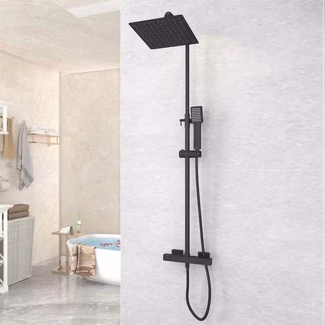 FLAVORA Square Rainfall Shower Set with Exposed Thermostatic Mixer and Rigid Column in Matt Black