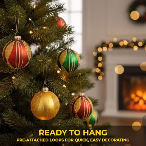 Shatchi 12-Piece Set of Red, Gold, Green and Multicolour Glass Christmas Baubles, 8 cm Round Hanging Ornaments – 3