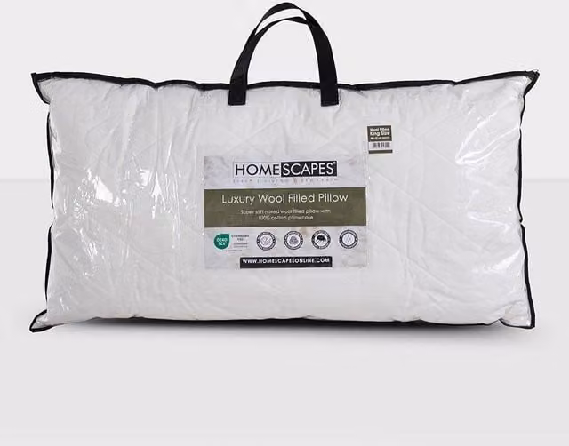 Homescapes King Size Wool Pillow with Quilted Case, White, W/D/H: 122 x 48 x 15 cm