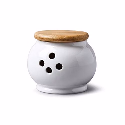 WM Bartleet & Sons 1750 Traditional Porcelain Garlic Storage Pot with Wooden Lid, White