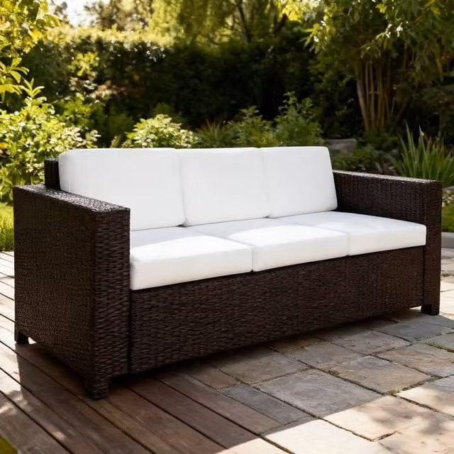 ERGOVEXA 3-Seater Brown Rattan Garden Sofa with Upholstered Cushions and Powder Coated Steel Frame