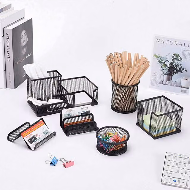 Komore Set of 6 Multi-Compartment Metal Office Desktop Storage Organisers in Black