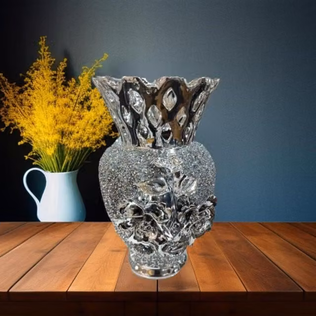 Ziddan Bargain Silver Glitter Glass Flower Vase, Height: 40 cm