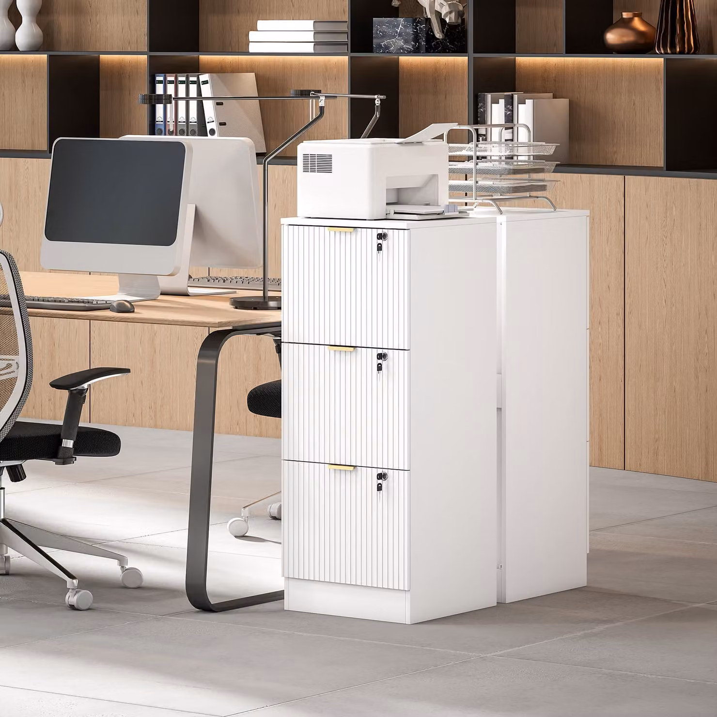 HOMCOM Modern White and Gold Filing Cabinet with Lockable Drawers, Hanging Rod and Adjustable Shelves – 3