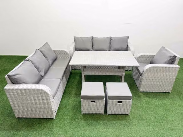 Fimous 9 Seater Poly Rattan Outdoor Garden Furniture Set with Rectangular Dining Table, 3 Seater Sofa, Reclining Chairs and Stools in Grey